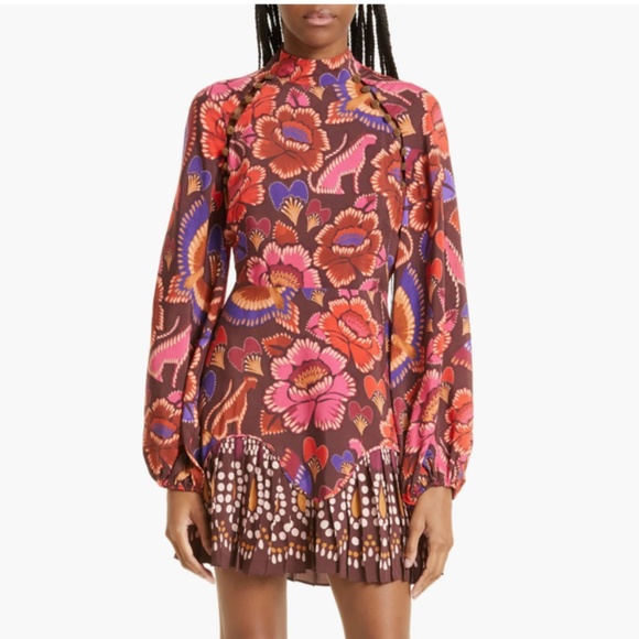 NWT $235 FARM Rio Bright Flora Long Sleeve Pleated Dress in BRIGHT FLORA BROWN!